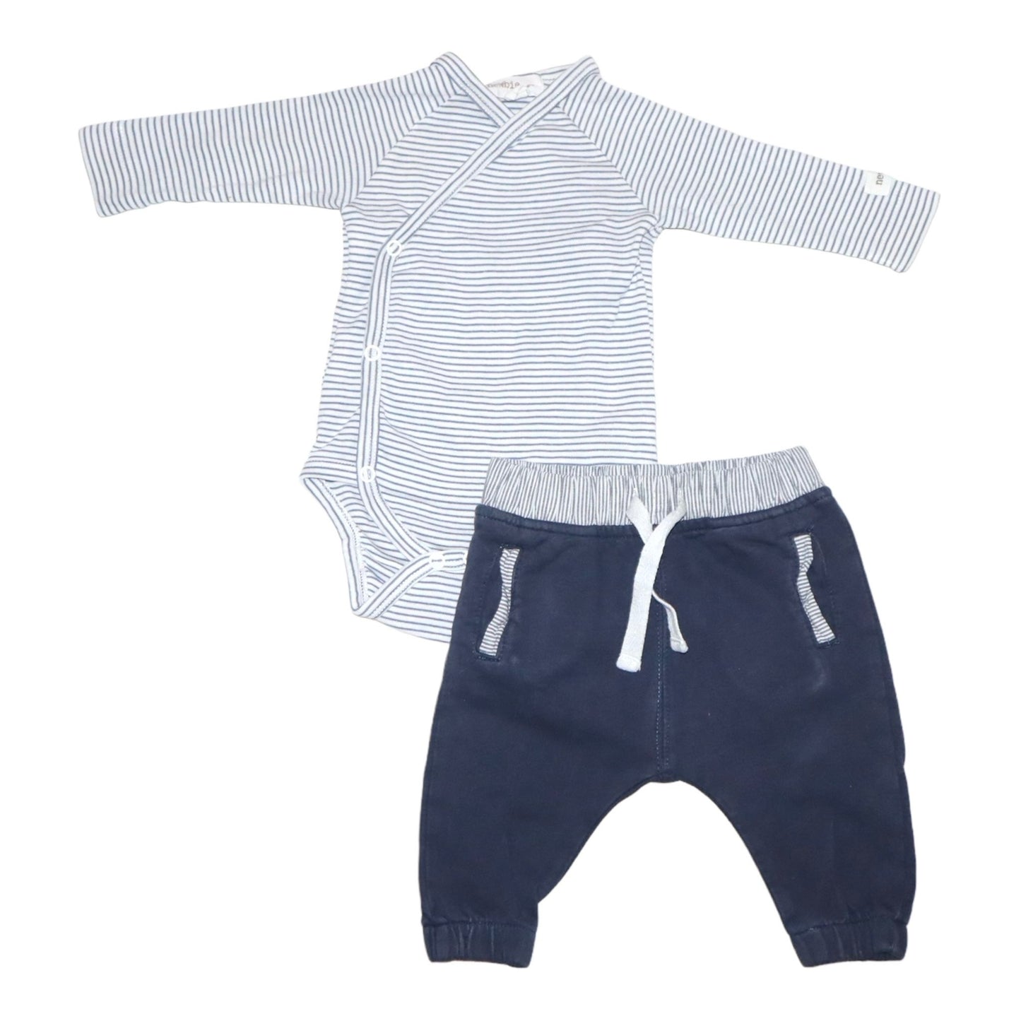 Långärmad OmlottBody & Byxor Matchande set från newbie - Storlek 56 - Vit & Mörkblå