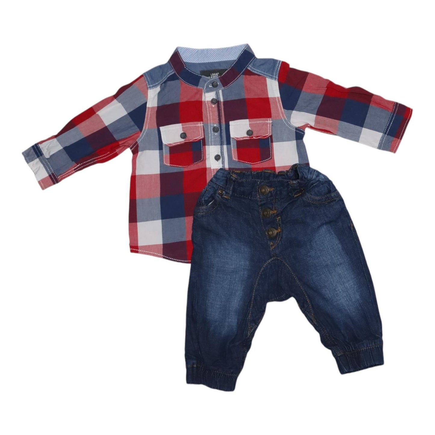 Långärmad Skjorta & Jeans Byxor Matchande set från H&M - Storlek 68 - Blå & Röd