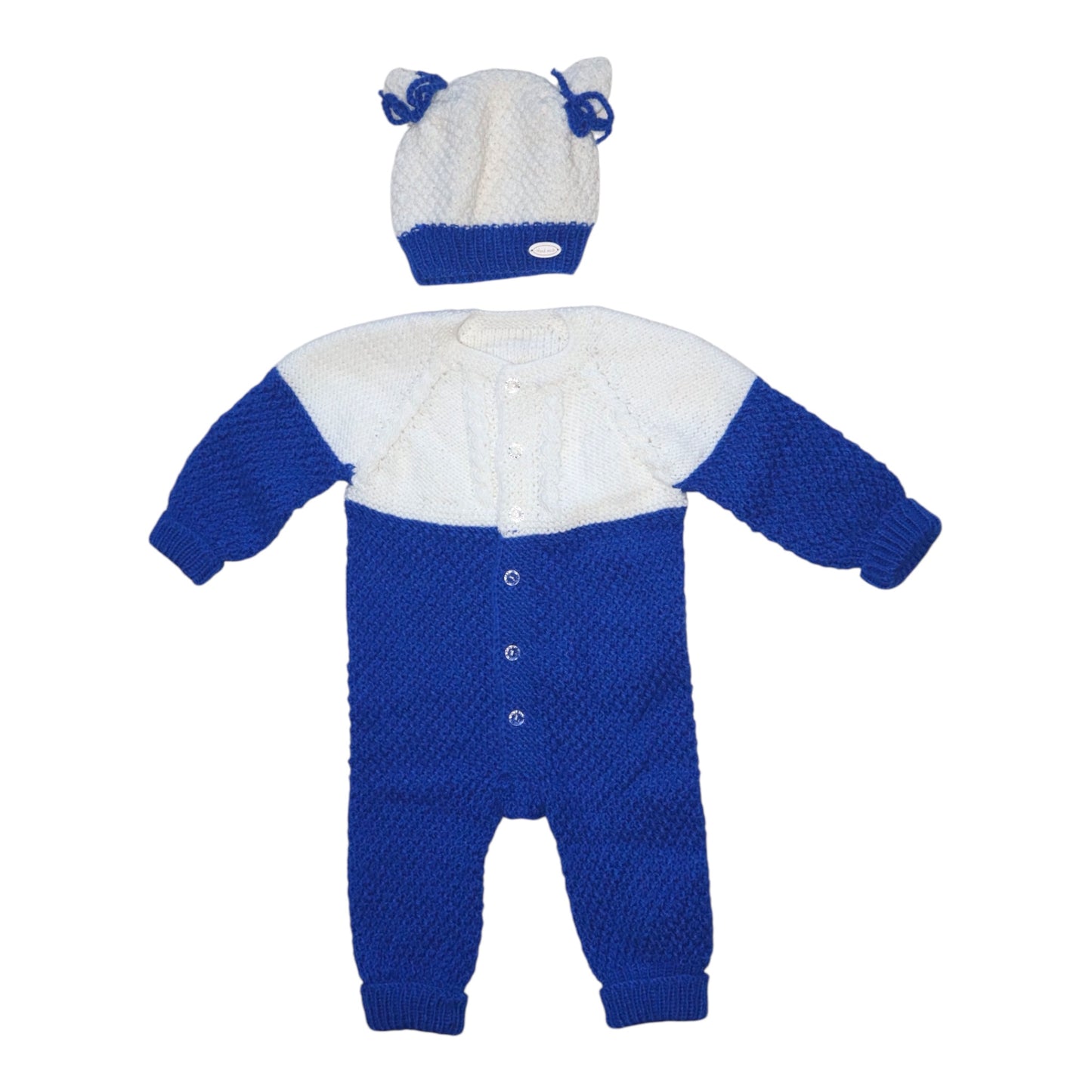 Stickad Overall & Tossor & Mössa Matchande Set - Storlek 74 - Blå & Vit