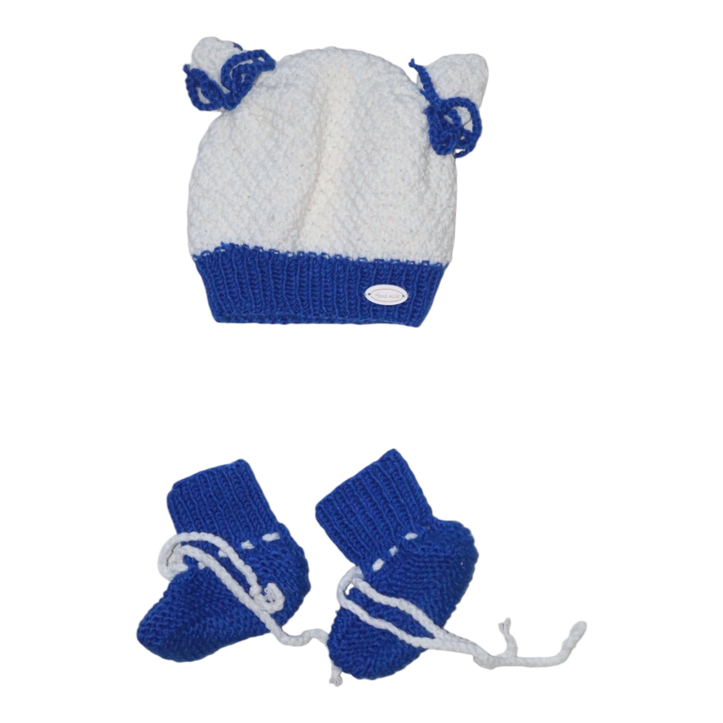 Stickad Overall & Tossor & Mössa Matchande Set - Storlek 74 - Blå & Vit