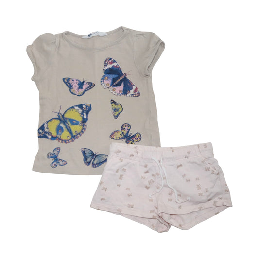 Kortärmad T-shirt & Shorts Matchende Set från H&M - Storlek 92 - Beige & Ljusrosa (Multi)