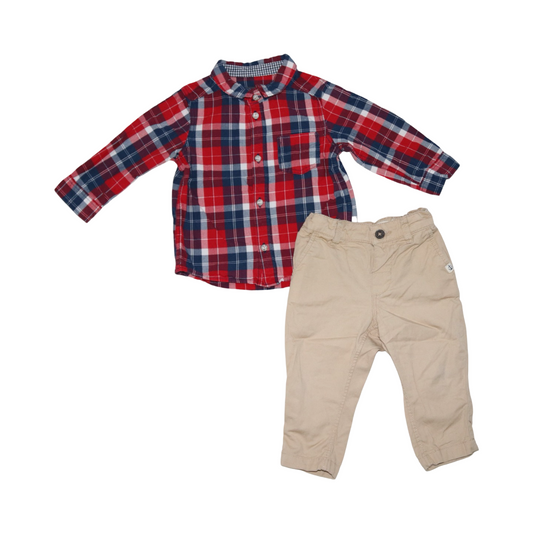 Långärmad Skjorta & Byxor Matchande Set frän L.O.G.G H&M - Storlek 74 - Röd & Beige (Multi)