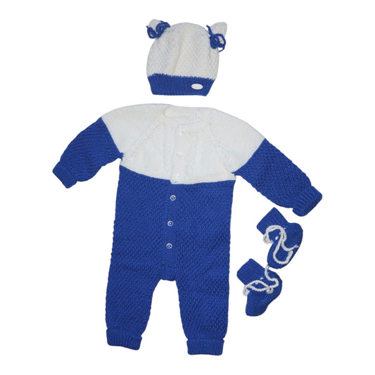 Stickad Overall & Tossor & Mössa Matchande Set - Storlek 74 - Blå & Vit