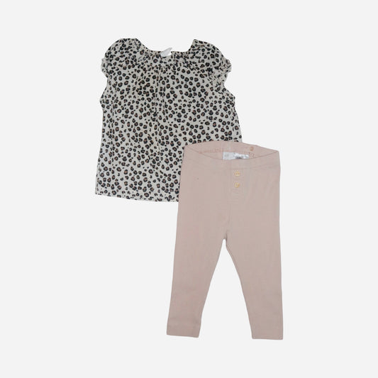 Kortärmad Blus & Byxor Matchande Set från H&M - Storlek 74 - Brun & Ljusrosa
