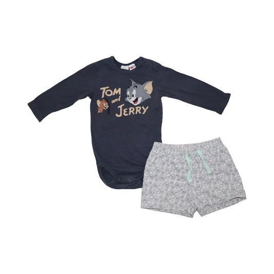 Långärmad Body & Shorts Matchande Set från H&M - Storlek 74 - Marinblå & Grå (Multi)