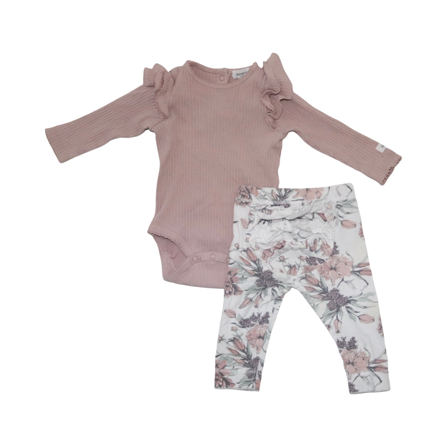 Långärmad Body & Byxor Matchande Set från newbie - Storlek 68 - Ljusrosa & Vit (Multi)