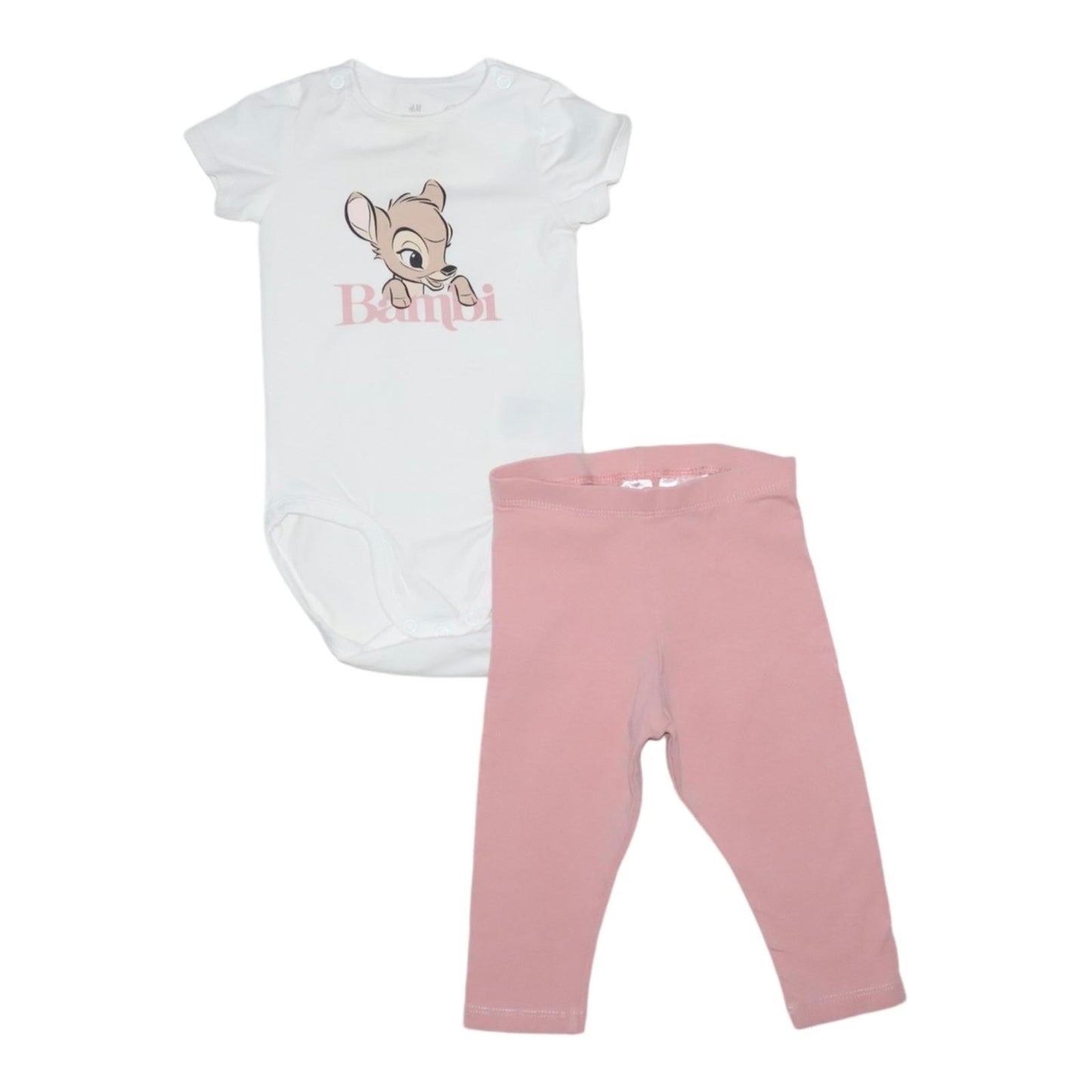 Kortärmad Body & Byxor matchande set från DISNEY & H&M - Storlek 74 - Vit & Ljusrosa