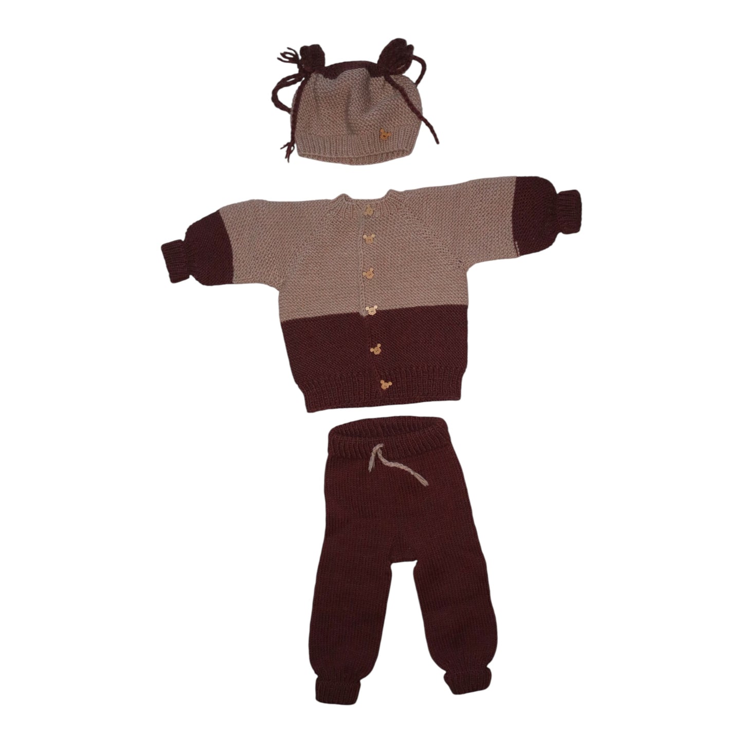 Stickad Tröja & Byxor & Mössa Matchande Set - Storlek 74 - Brun
