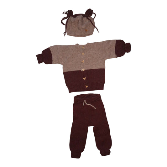 Stickad Tröja & Byxor & Mössa Matchande Set - Storlek 74 - Brun