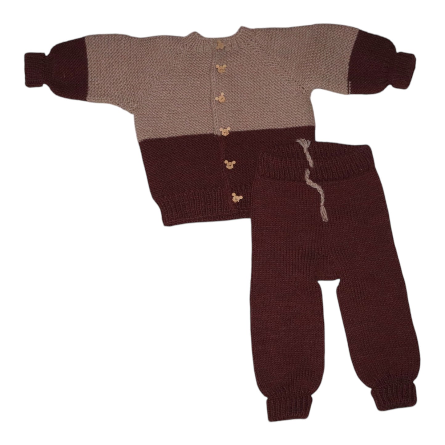 Stickad Tröja & Byxor & Mössa Matchande Set - Storlek 74 - Brun
