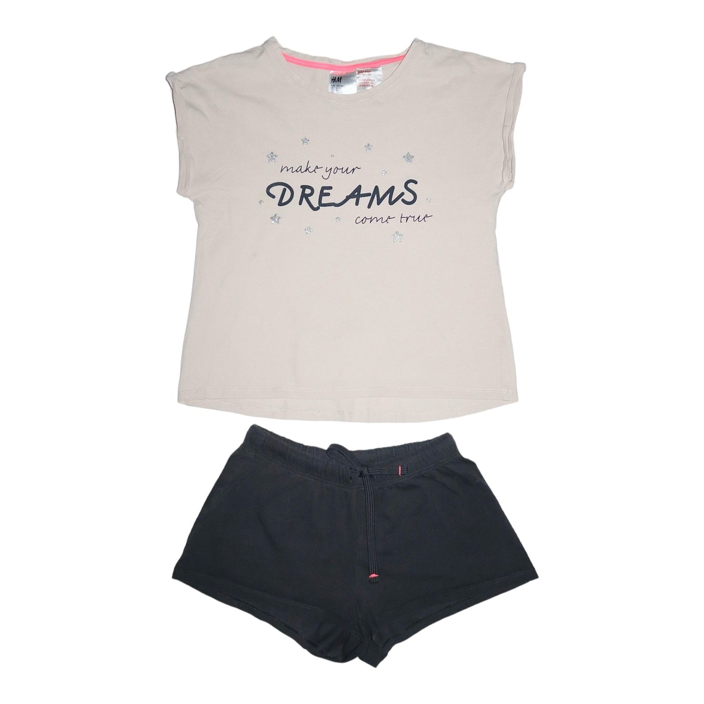 Pyjamas T-shirt & Shorts Matchande Set från H&M - Storlek 134/140 - Beige & Black