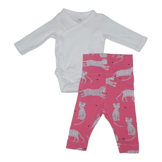 Långärmad Omlottbody & Byxor Matchande set Från H&M - Storlek 50 - Rosa & Vit