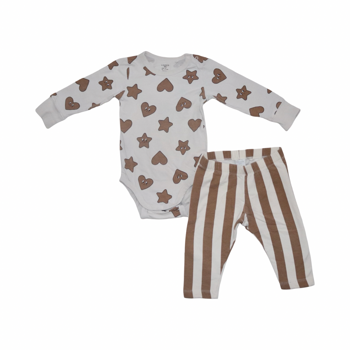 Långärmad Body & Byxor Matchande Set från LINDEX - Storlek 74 - Vit & Brun