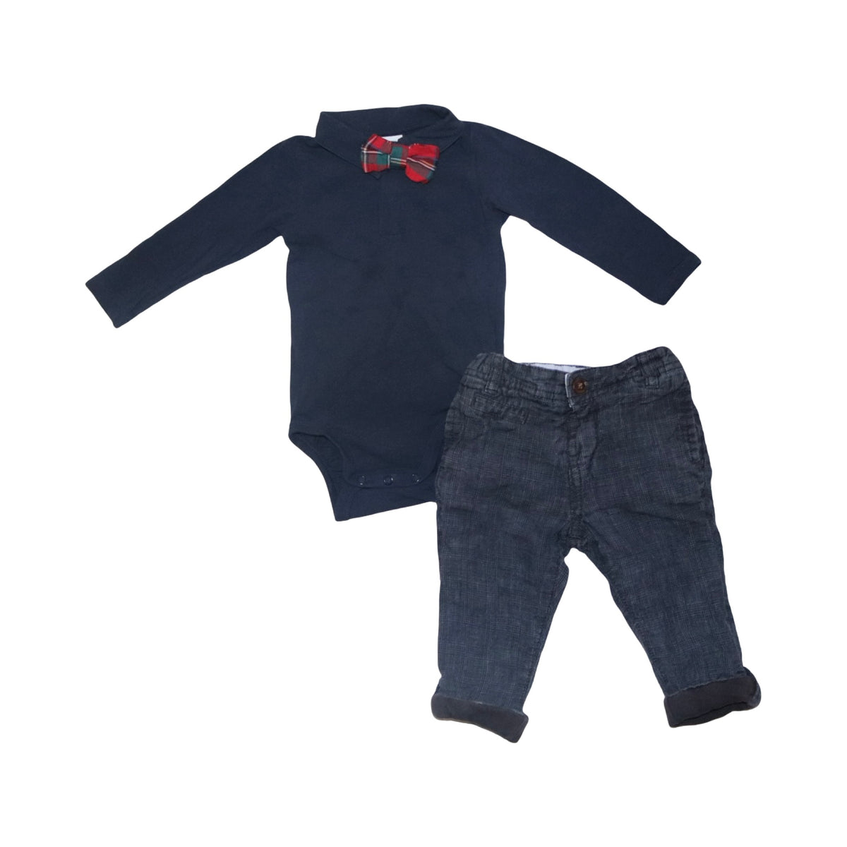 Långärmad Body & Fodrade Byxor Matchande Set från H&M & M&S - Storlek 74 - Mörkblå