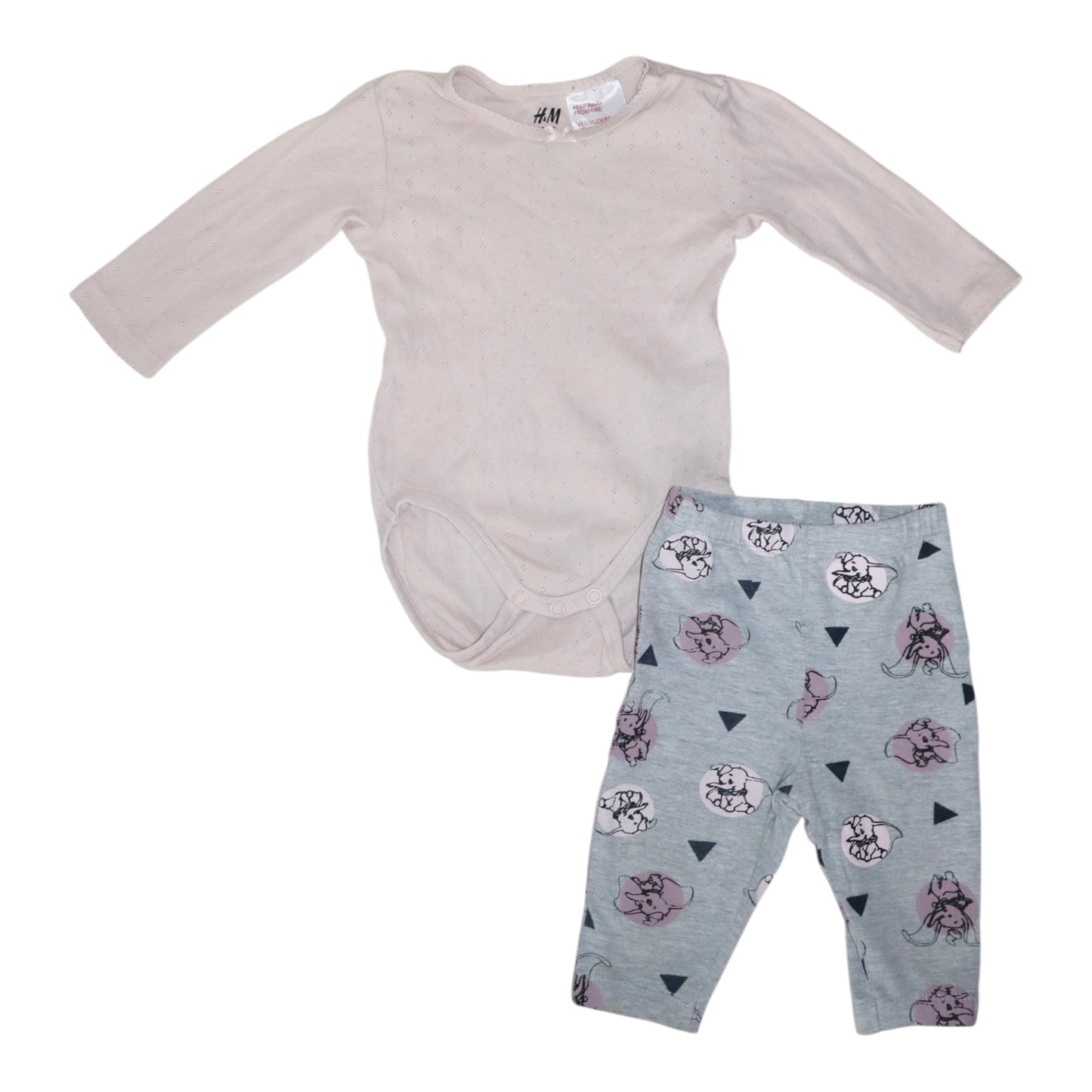 Långärmad Body & Byxor Matchande Set från H&M & DISNEY - Storlek 62 - Ljusrosa & Grå