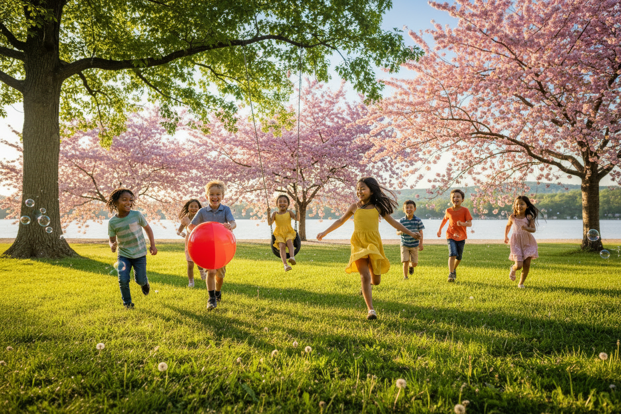 Kids at Djurgården with pink cherry blossoms