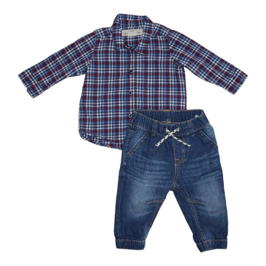 Långärmad Skjorta & Jeans Byxor Matchande set från H&M - Storlek 68 - Blå & Multi